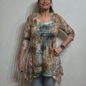 Feratelli Beige Animal Print Beaded Lagenlook Vintage Tunic Sz M NWT